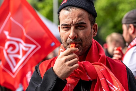 Demonstration by many thousands of steelworkers in front of the ThyssenKrupp headquarters in Essen