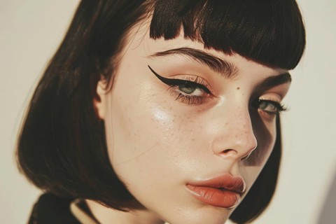 Face of young attractive woman with thick winged eyeliner makeup and dark hair with short bangs.