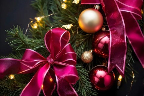 Christmas garland with gold and magenta ribbons intertwined with pine needles and tiny twinkling