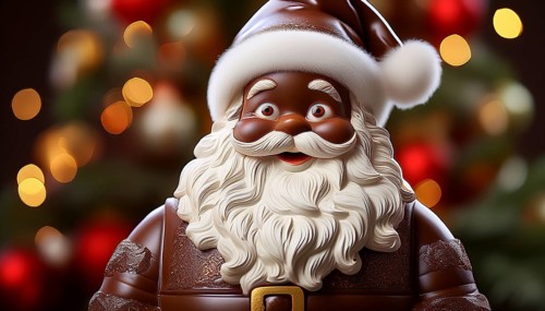 Cheerful chocolate Father Christmas in front of a Christmas background, AI-generated image, AI