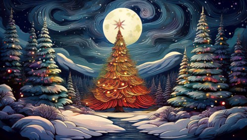 Illustration of a Christmas tree in a snowy landscape on a starry night with a full moon,