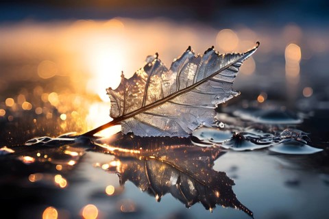 Delicate leaf resting on the surface of a frozen puddle, with intricate ice crystals forming