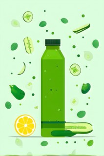 Abstract wallpaper composition with bottle of delicious green detox juice and fruits and