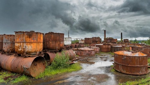 Rusty tanks and metal parts on an abandoned junkyard with puddles and clouds, symbol photo, AI