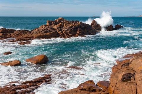 Rocks on the coast surrounded by churning sea and waves, Ploumanac'h, Ploumanach, Perros-Guirec,