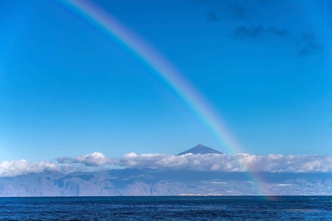 Rainbow and view of Tenerife and Mount Teide, Hermigua, La Gomera, Canary Islands, Spain, Europe