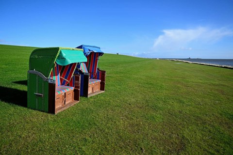 Beach chairs on the island of Pellworm, Schleswig-Holstein Wadden Sea National Park, North Frisia,