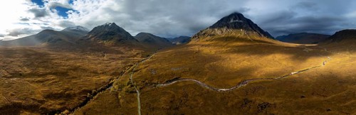 Morning light, cloudy mood, sunbeams, moor, mountain landscape, aerial view, road, autumn,