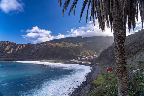 Hermigua beach and the village of Hermigua, La Gomera, Canary Islands, Spain, Europe