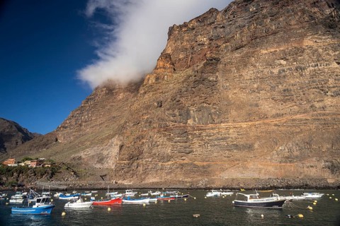 Fishing boats in the harbour of Vueltas, Valle Gran Rey, La Gomera, Canary Islands, Spain, Europe