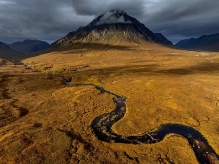 Morning light, cloudy mood, sunbeams, river, moor, mountain landscape, aerial view, autumn, view of