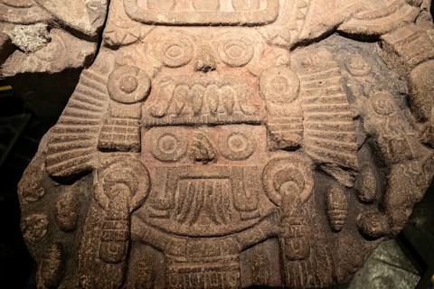Carved stone monument depicting Tlaloc and Tlaltecuhtli, gods of rain and Earth, archaeological