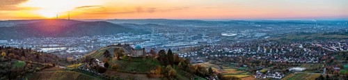 Sunset at the burial chapel on the Württenberg, aerial view, panoramic photo. The mausoleum was