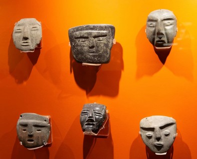 Display of masks, archaeological site and museum of Templo Mayor, Mexico City, Mexico, Central