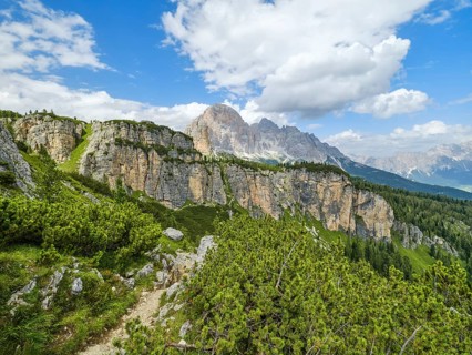 On the way to the Cinque Torri, view of the Fanes Group, Tofana di Rozes, Dolomites, Cortina