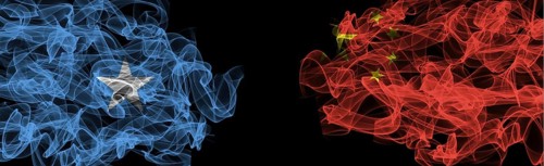 Flags of Somalia and China on Black background, Somalia vs China Smoke Flags