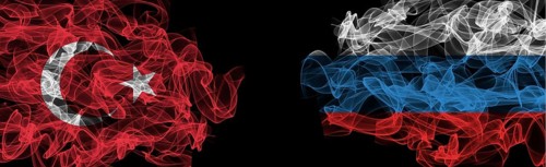 Flags of Turkey and Russia on Black background, Turkey vs Russia Smoke Flags