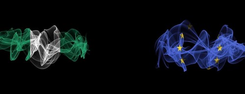 Flags of Nigeria and EU on Black background, Nigeria vs Europe Union Smoke Flags