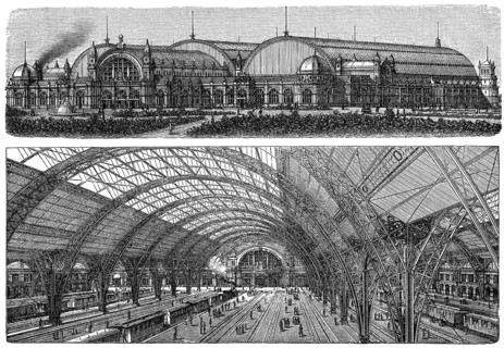 Historical illustration, 19th Century, Major station, Frankfurt, Hesse, Germany, Europe,