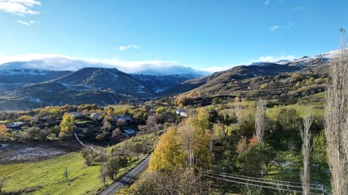 A scenic valley with mountains, scattered trees, and a clear blue sky, capturing a serene winter
