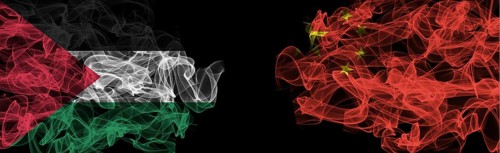 Flags of Palestine and China on Black background, Palestine vs China Smoke Flags