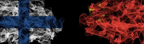 Flags of Finland and China on Black background, Finland vs China Smoke Flags