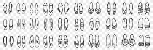 Pairs of feminine shoes doodle set. Collection of hand drawn stylish elegant shoes sandals and