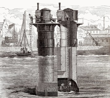 Construction of the Tay Rail Bridge, Scotland, with a caisson, Triger process, before the Tay