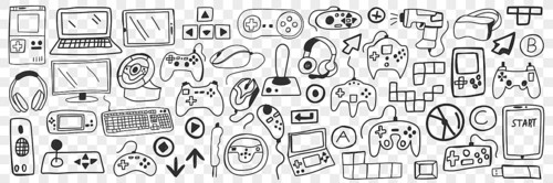 Various smart gadgets doodle set. Collection of hand drawn computers smartphones headsets