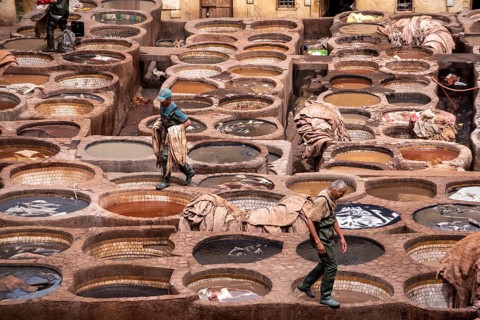 Famous tannery in the medina of Fes, where leather is being processed for generations, Morocco,