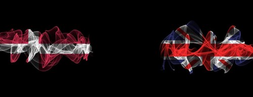 Flags of Denmark and United Kingdom on Black background, Denmark vs United Kingdom Smoke Flags