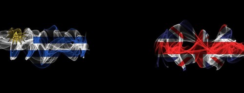 Flags of Uruguay and United Kingdom on Black background, Uruguay vs United Kingdom Smoke Flags