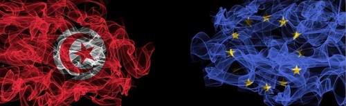 Flags of Tunisia and EU on Black background, Tunisia vs Europe Union Smoke Flags