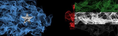 Flags of Somalia and UAE on Black background, Somalia vs United Arab Emirates Smoke Flags