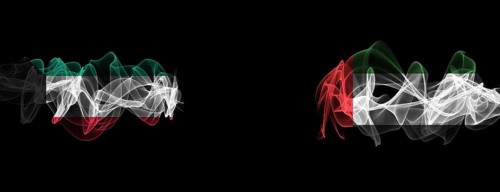 Flags of Kuwait and UAE on Black background, Kuwait vs United Arab Emirates Smoke Flags