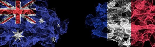 Flags of Australia and France on Black background, Australia vs France Smoke Flags