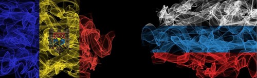 Flags of Moldova and Russia on Black background, Moldova vs Russia Smoke Flags