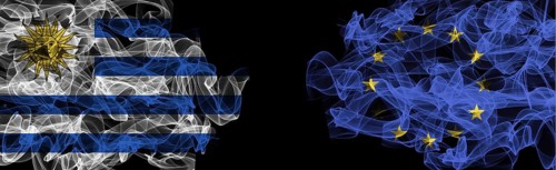 Flags of Uruguay and EU on Black background, Uruguay vs Europe Union Smoke Flags