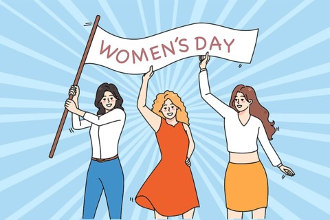 Smiling diverse women with banner for international woman day celebrate together. Happy female