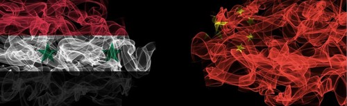 Flags of Syria and China on Black background, Syria vs China Smoke Flags
