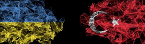 Flags of Ukraine and Turkey on Black background, Ukraine vs Turkey Smoke Flags