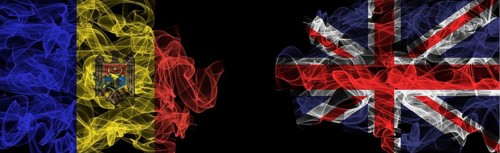 Flags of Moldova and United Kingdom on Black background, Moldova vs United Kingdom Smoke Flags