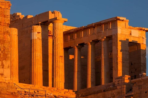 Propylaea at sunset, Acropolis, Athens, Greece, Europe