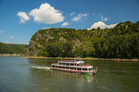 Excursion boat, Loreley rock above the Rhine, UNESCO World Heritage Upper Middle Rhine Valley,