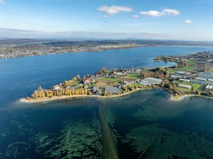 Aerial view of the north-western tip of the island of Reichenau with the district of Niederzell and