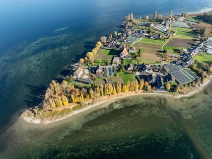 Aerial view of the north-western tip of the island of Reichenau with the district of Niederzell and