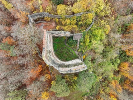 Aerial view, top down view of the ruin Altbodman on the Bodanrück, above the village Bodman in