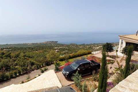 House on a slope, coastline, view from above, Pyrgos, Mani, Messinian Gulf, Ionian Sea, Greece,