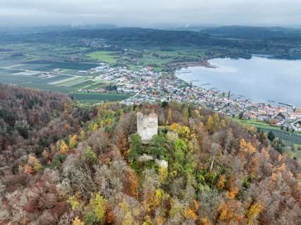 Aerial view of the ruins of Altbodman on the Bodanrück, above the village of Bodman in autumn