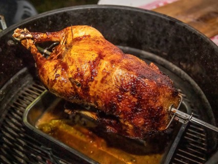St Martin's goose, traditional meal on St Martin's Day. The goose is cooked on a kettle grill in